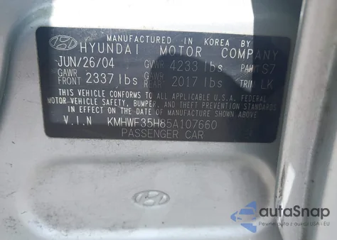 2005 Hyundai Sonata Gls/Lx z USA, uszkodzony, nr VIN KMHWF35H85A107660